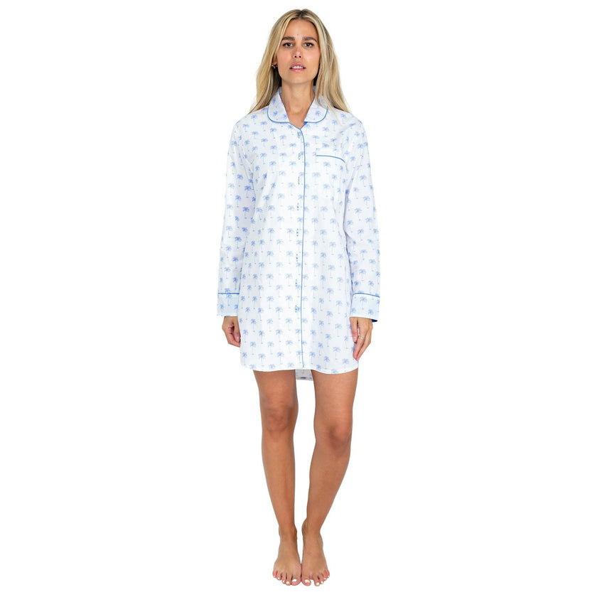 Women's Blue Palm Tree Night Shirt - Organic Cotton Poplin