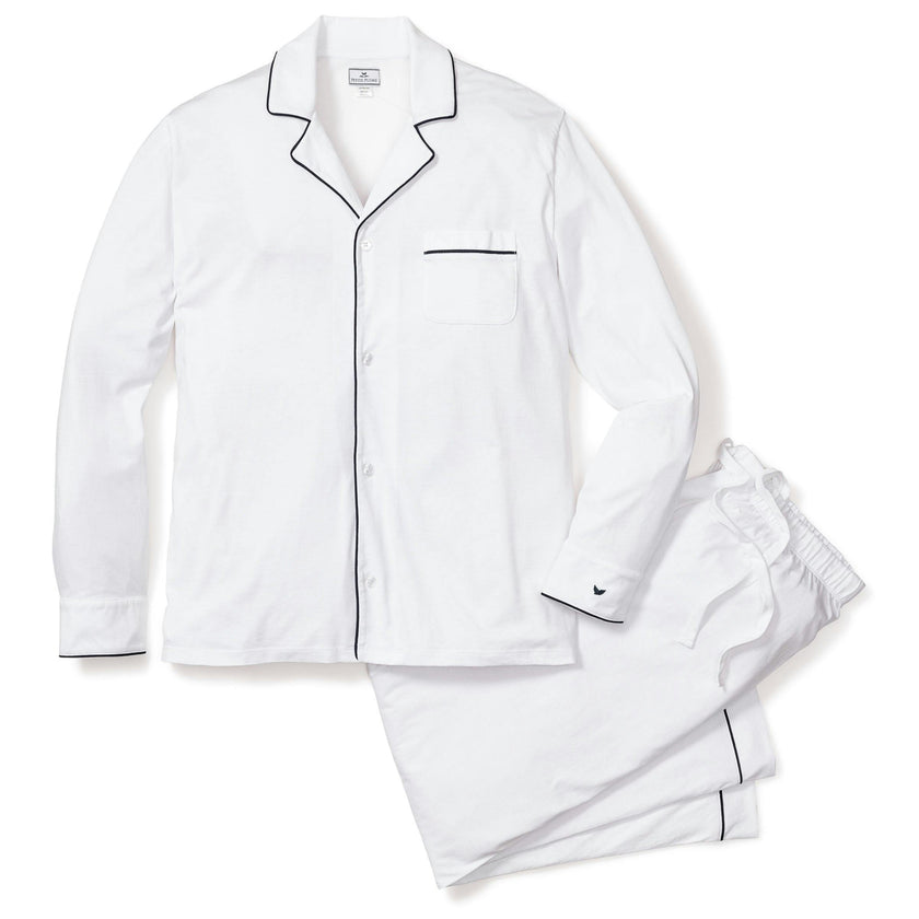 Men's Pima Pajama Set in White with Navy Piping
