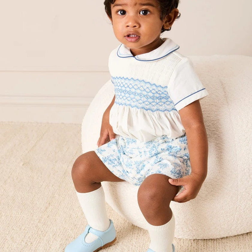 Audrey Toile Peter Pan Collar Hand Smocked Two Piece Set in Blue (6mths-3yrs)
