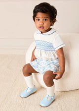 Audrey Toile Peter Pan Collar Hand Smocked Two Piece Set in Blue (6mths-3yrs)