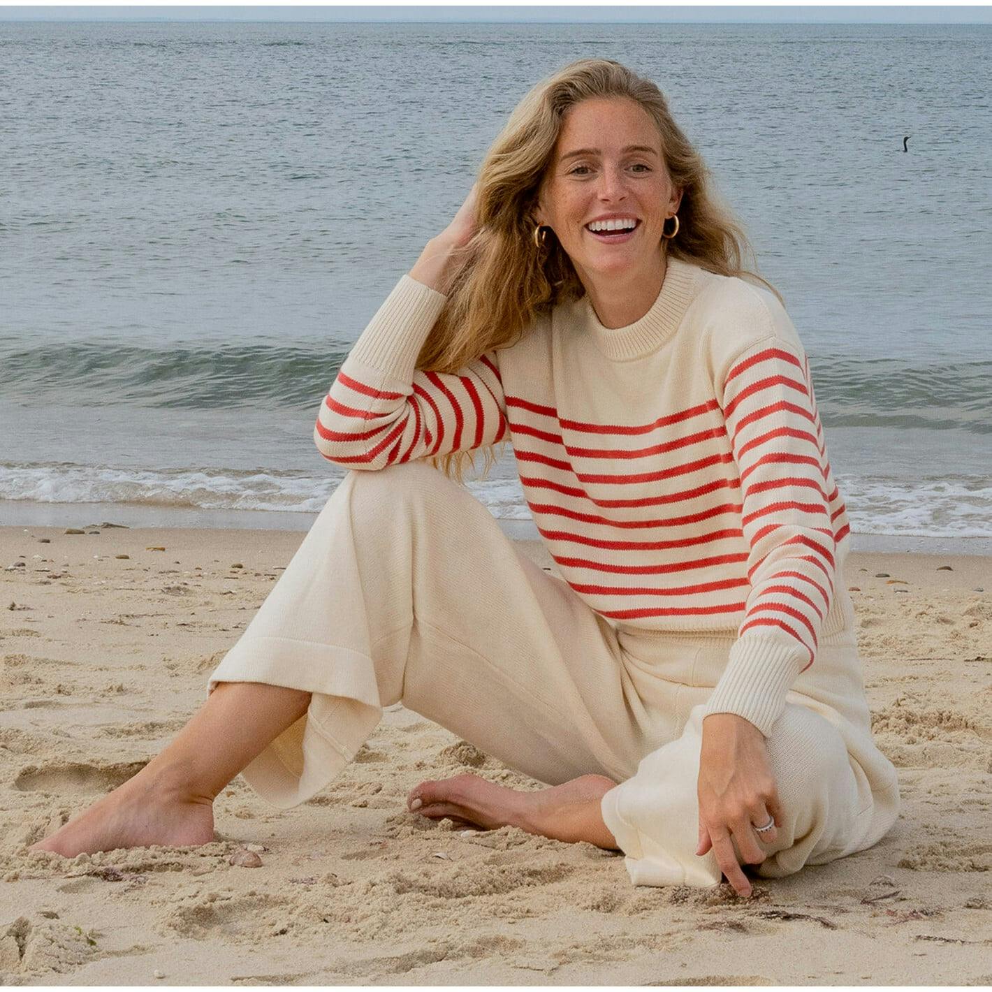 Women's Cream And Red Stripe Cropped Sweater