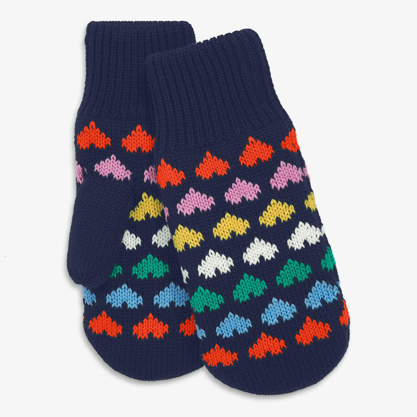 Kids knit mittens in rainbow hearts