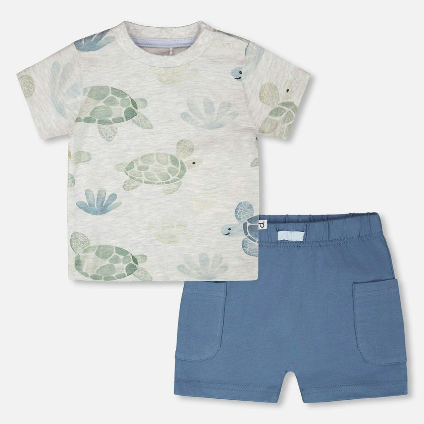 Jersey T-Shirt And Organic Cotton Jersey Shorts Set Grey Mix Turtle Print And Medium Blue