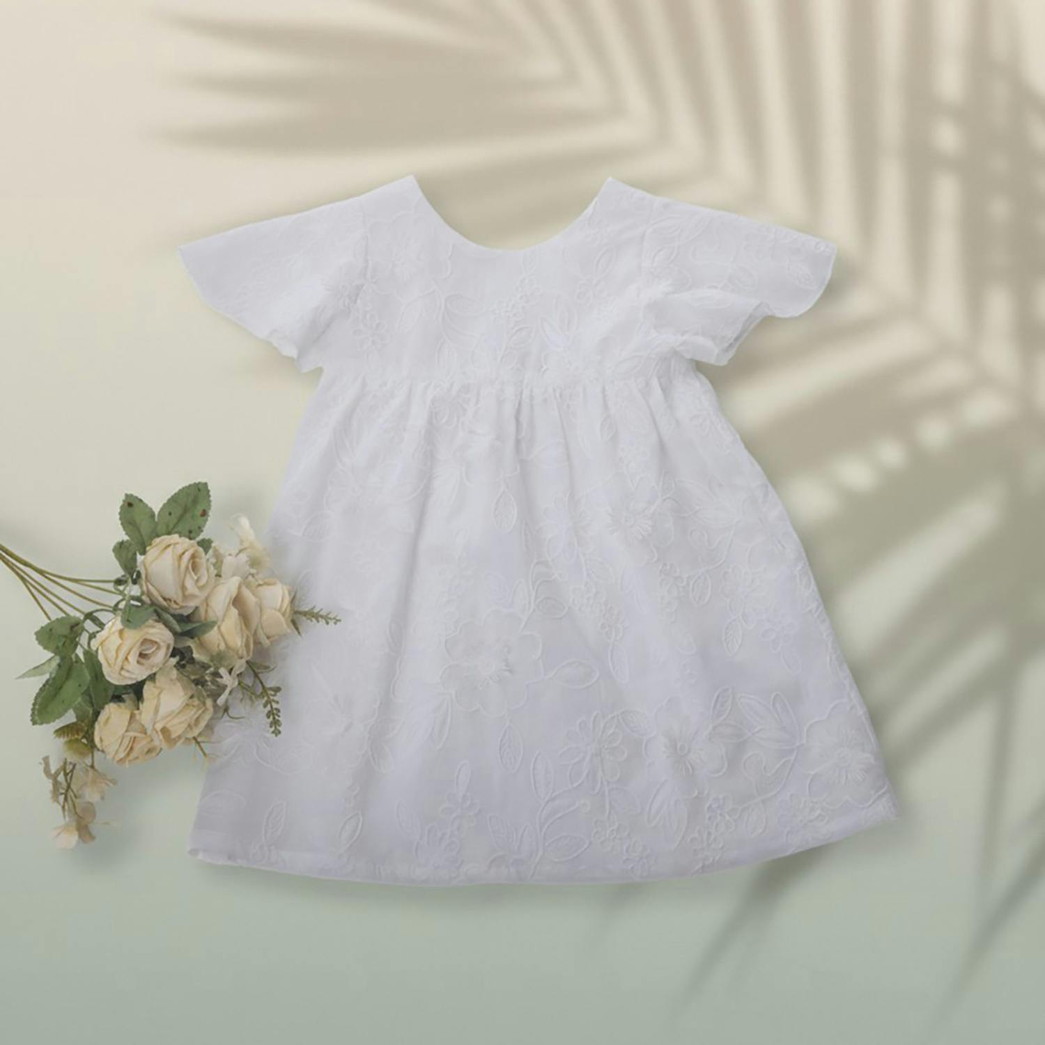 Flora Baby Dress , White Flower Embroidery
