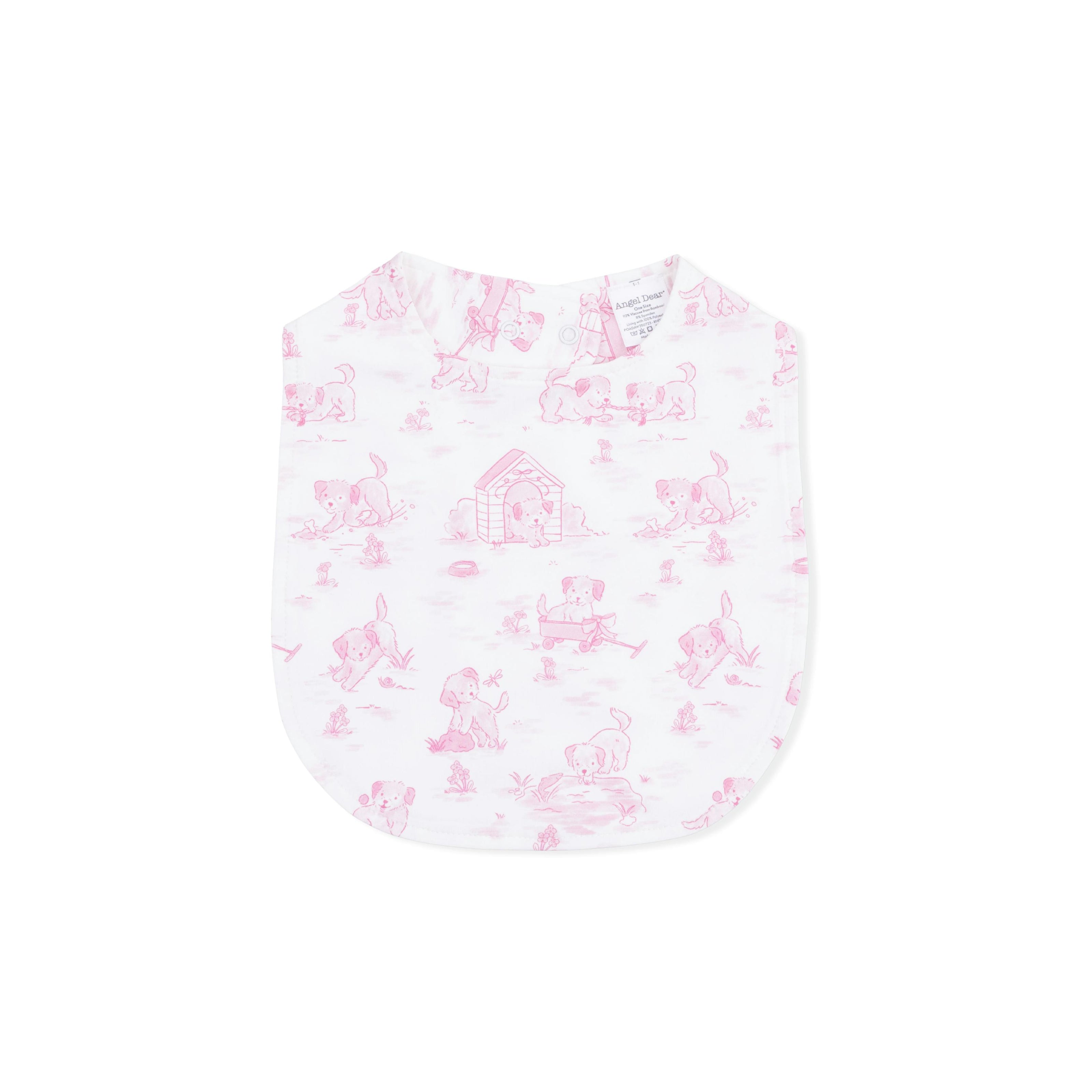 Puppy Toile Pink - 2 Way Ruffle Back Zipper Footie with Bandana Bib, and Swaddle Blanket Set