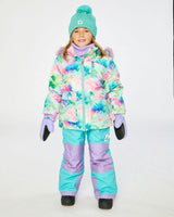 Two Piece Play Snowsuit Multicolored With A Diamond Pattern With Turquoise And Purple Pants
