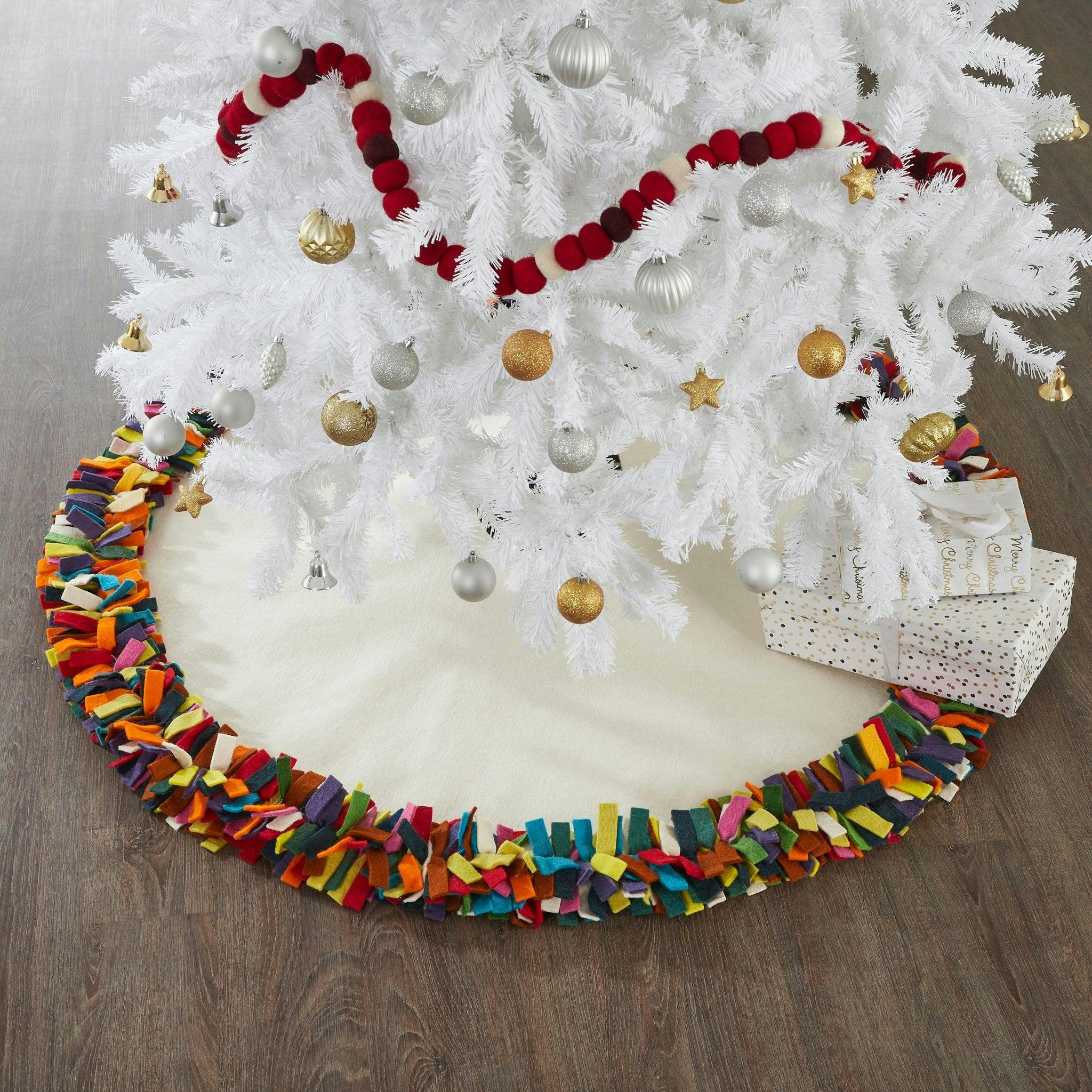 Handmade Felt Multicolor Fringe Border Cream Christmas Tree Skirt