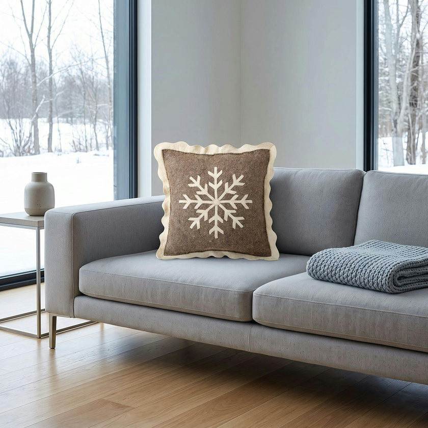 Handmade Christmas Pillow Hand Felted Wool - Big Snowflake Gray - 20"