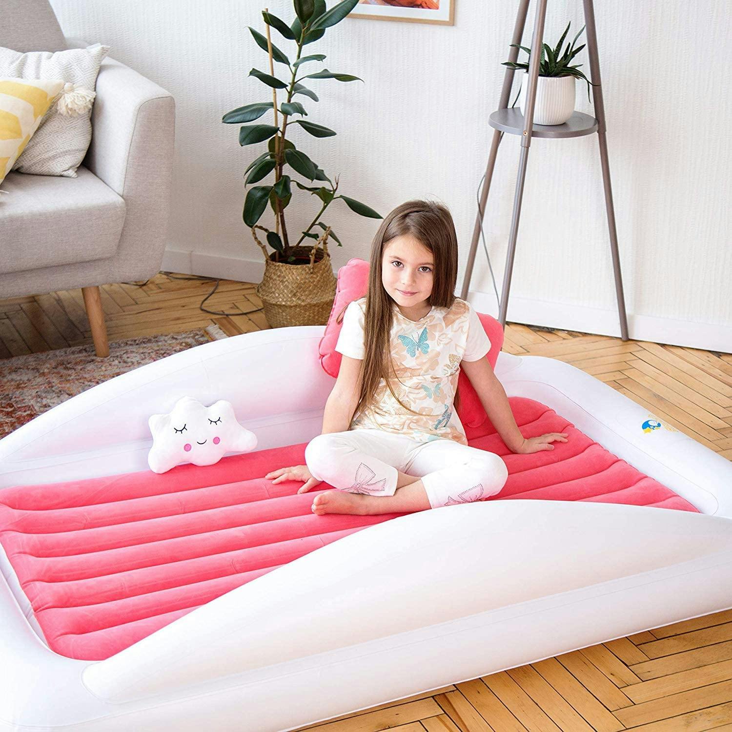 Sleepah Inflatable Toddler Travel Bed Portable Kids Air Mattress Set w Safety Bed Rail Guards for Kids & Toddlers – Set Includes Pump, Carry Case, Pillow