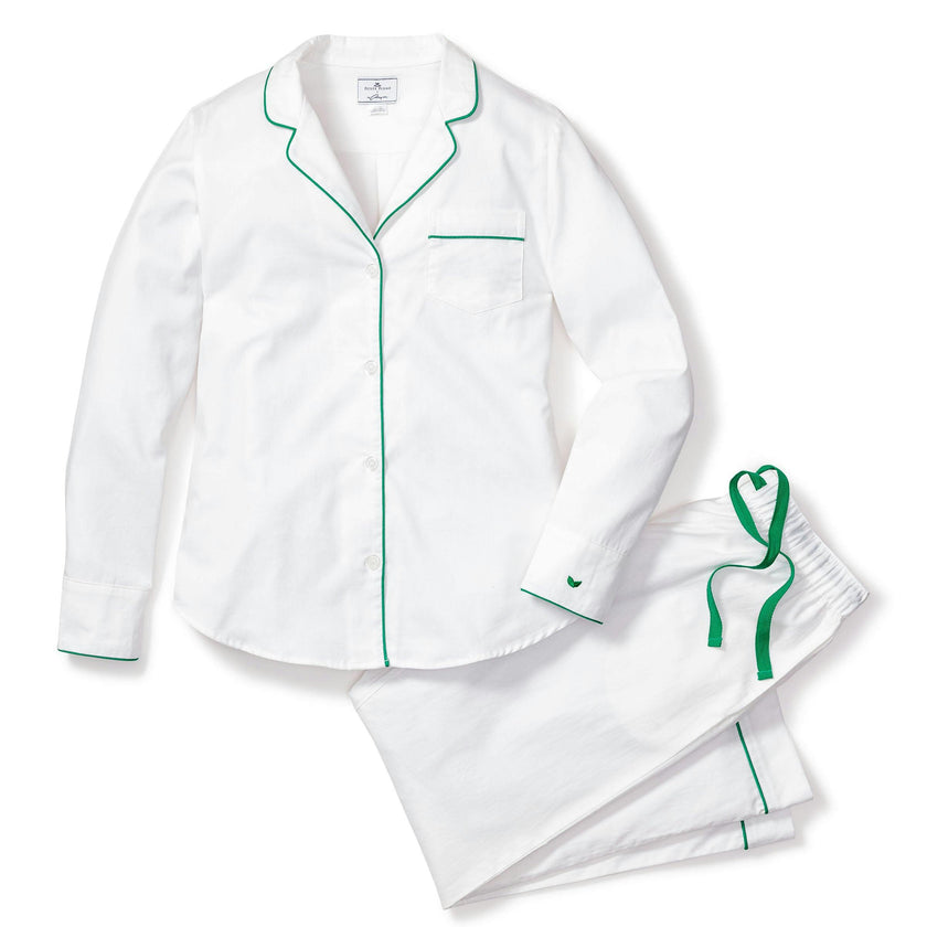 Women's Twill Pajama Set in White with Green Piping