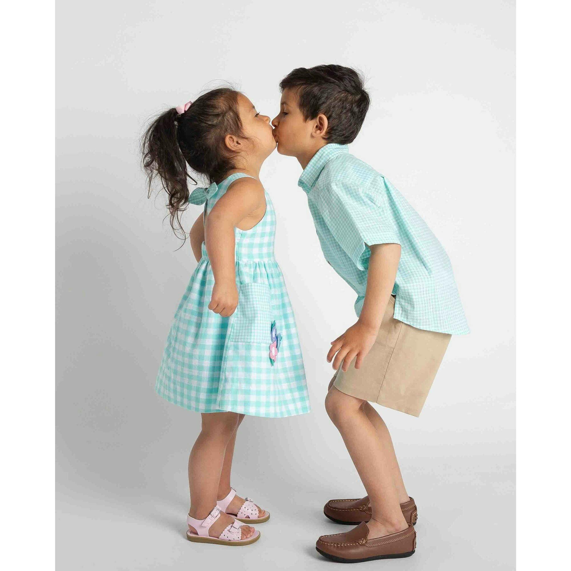 Gingham Linen-Look Dress With Flowers