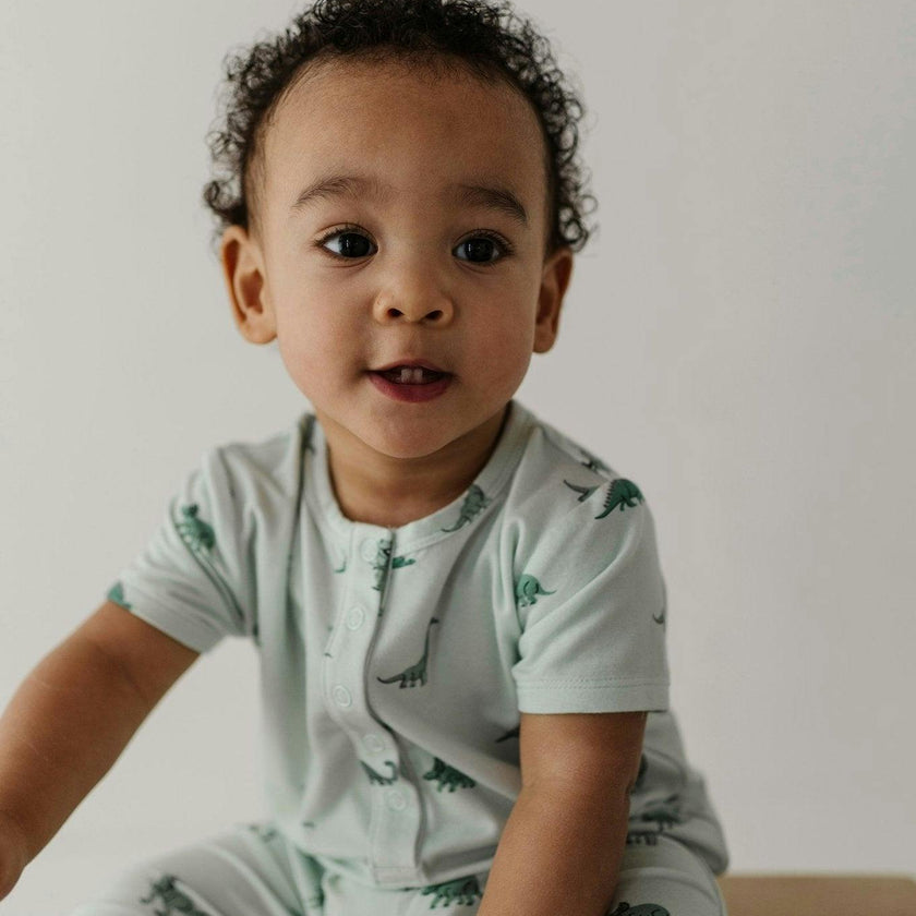 Baby Boy Short Sleeve Henley Romper in Dinosaur