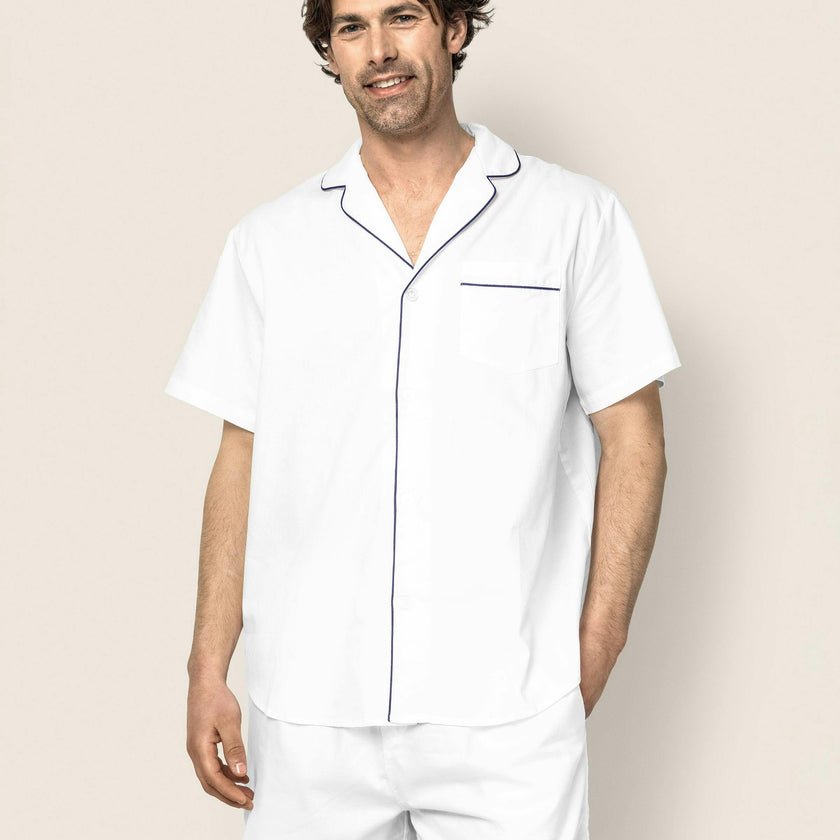 Men's Twill Pajama Short Set in White with Navy Piping