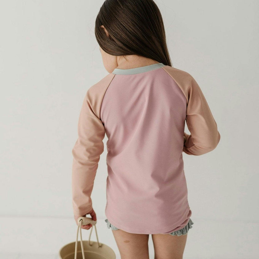 Girls Zip Rash Guard Two-Piece Swimsuit in Mauve Colorblock