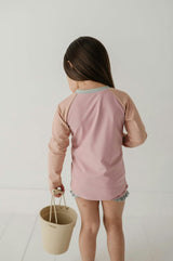 Girls Zip Rash Guard Two-Piece Swimsuit in Mauve Colorblock