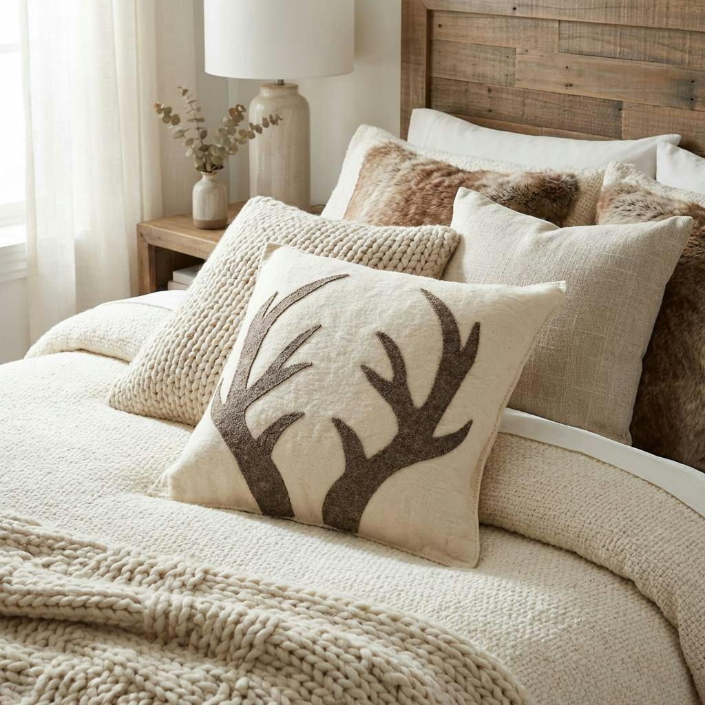 Hand Felted Wool Pillow - Gray Antlers Cream - 20