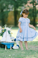 Riviera Blue Stripe Short Sleeve Smocked Dress
