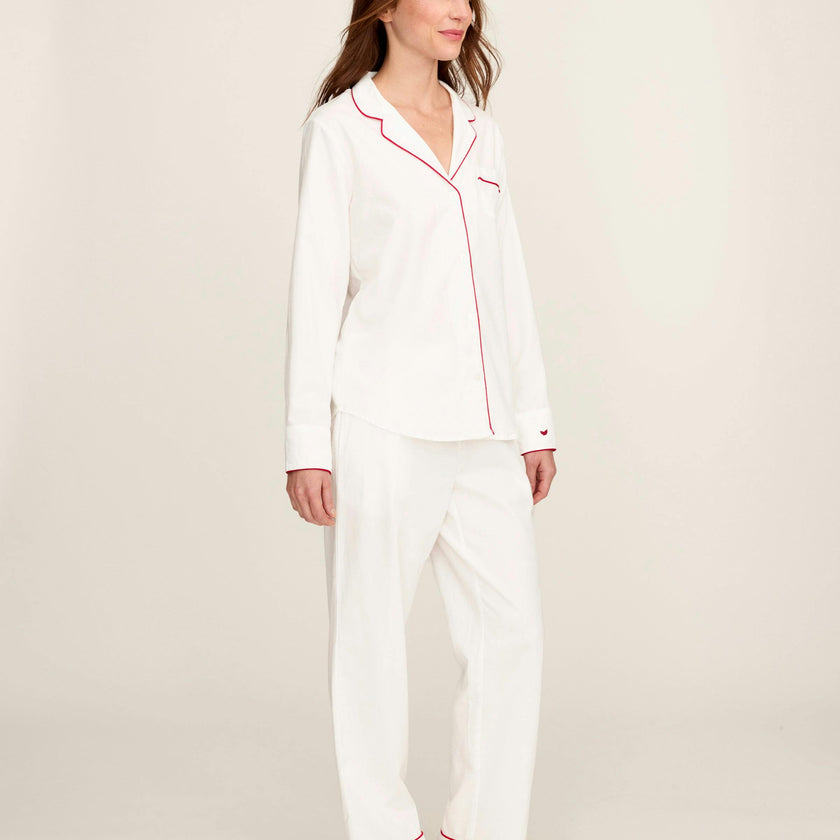 Women's Twill Pajama Set in White with Red Piping