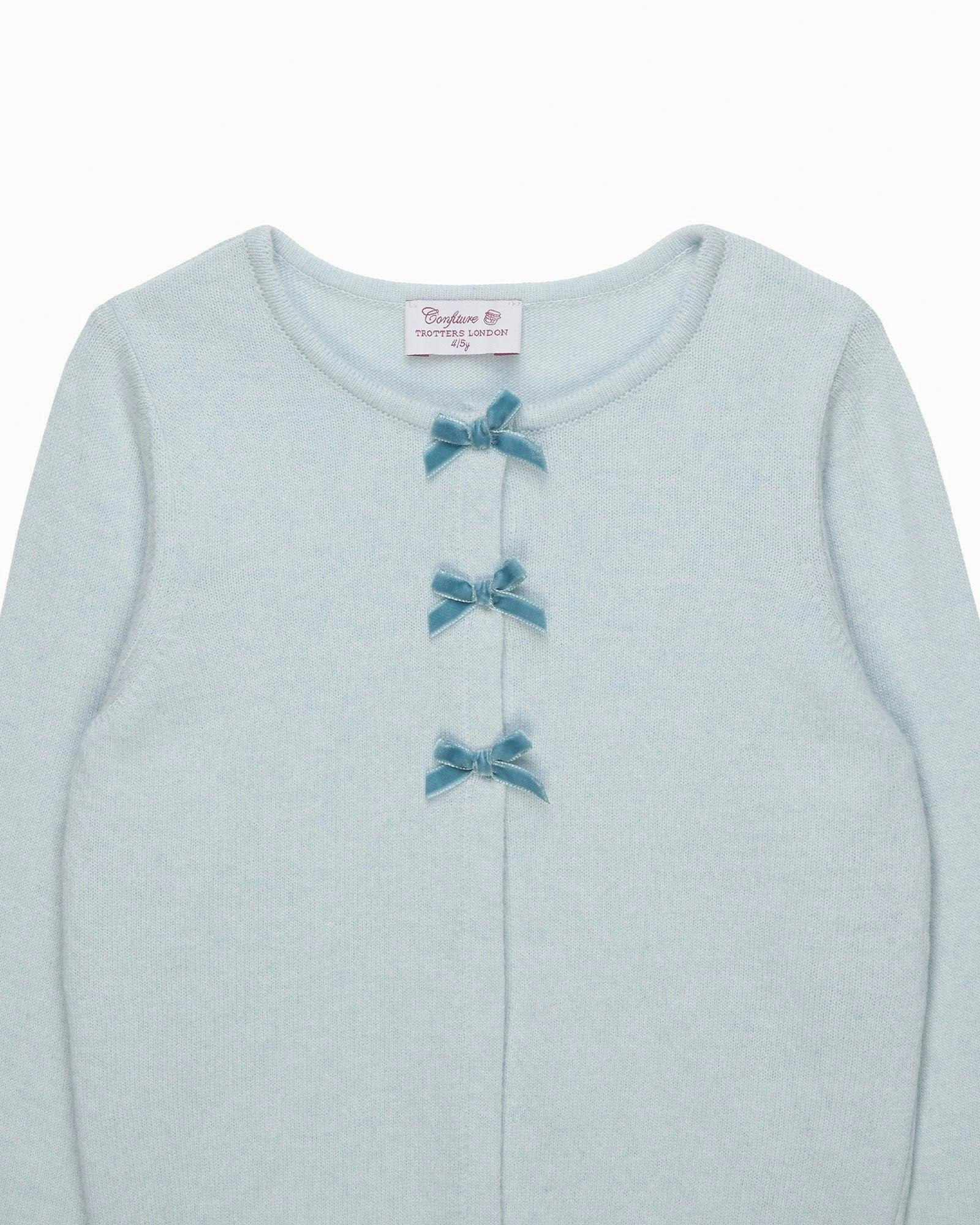 Velvet Bow Cardigan in Pale Blue