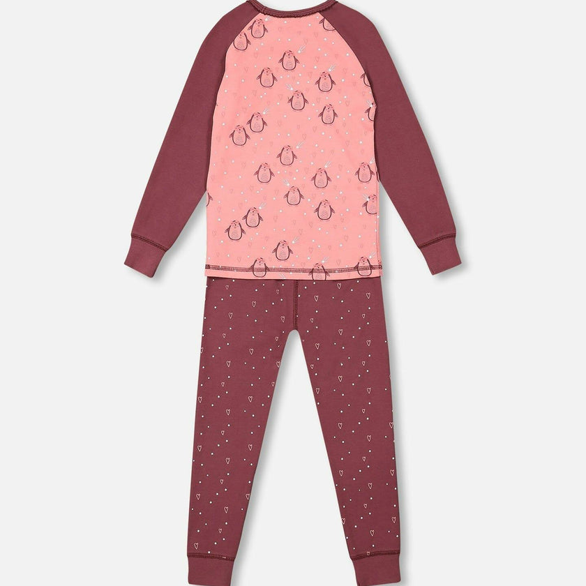 Organic Cotton Long Sleeve Two Piece Printed Penguins Pajama Set Pink
