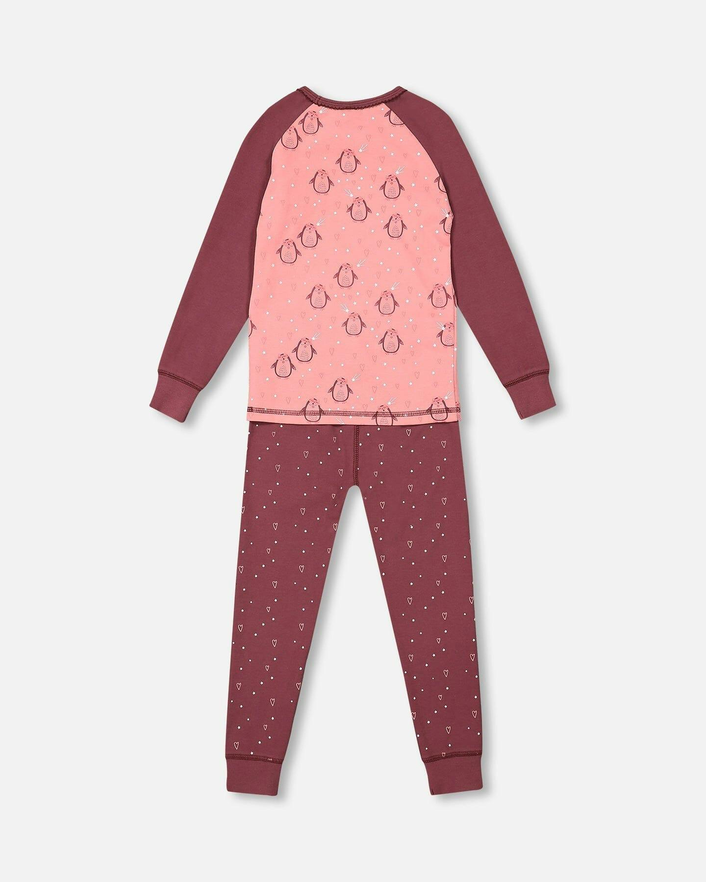 Organic Cotton Long Sleeve Two Piece Printed Penguins Pajama Set Pink