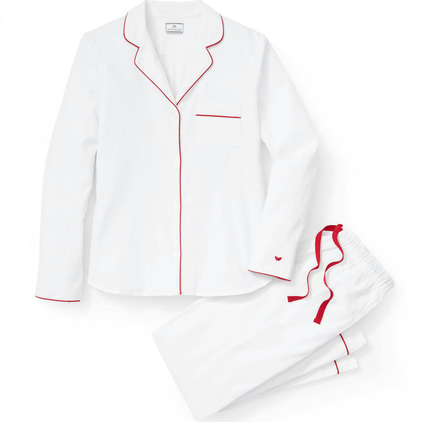 Women's Twill Pajama Set in White with Red Piping