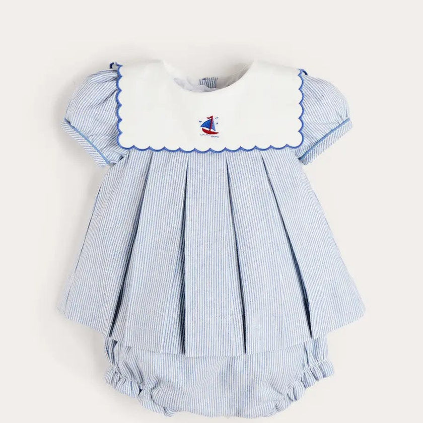 Alexander Stripe Mariner Collar Embroidered Boat Detail Dress with Bloomers in Blue (6mths-3yrs)