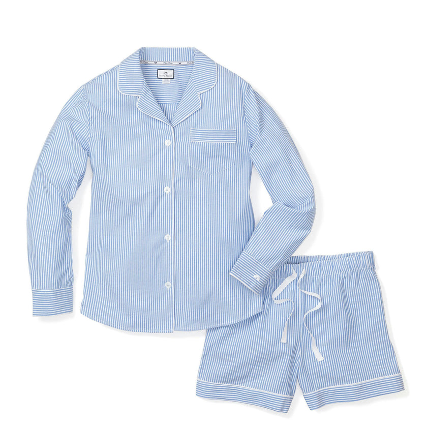 Women's Twill Long Sleeve Short Set in French Blue Heritage Stripe
