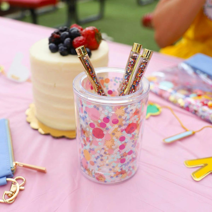 Packed Party Celebrate Every Day Confetti Pen Cup Organizer - Double Wall Clear Acrylic Desk Organizer with Trapped Multicolor Confetti for Home and Office