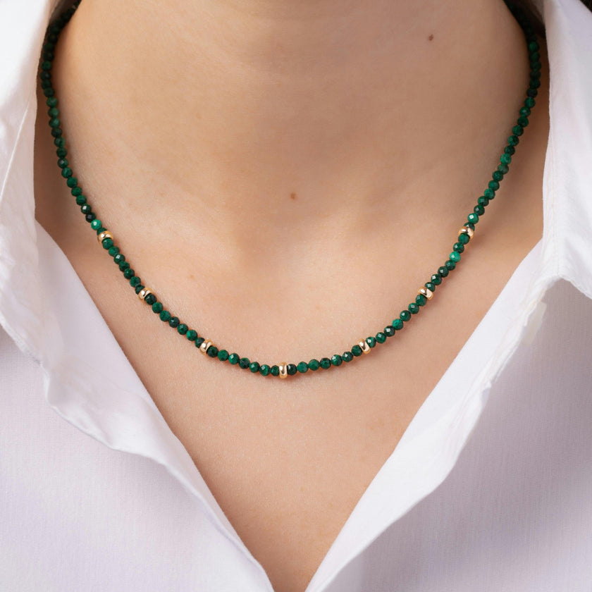 14K Gold Malachite Segment Bead Necklace