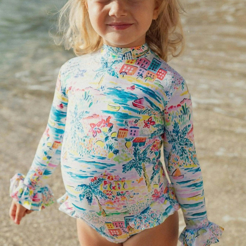 Long-sleeved one-piece swimsuit, aqua | GIGI BABY