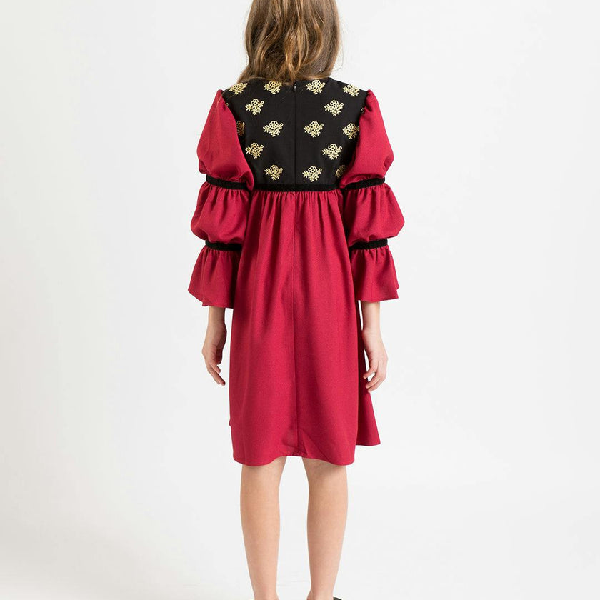 Bella dress (burgundy with golden embroidery blooms)