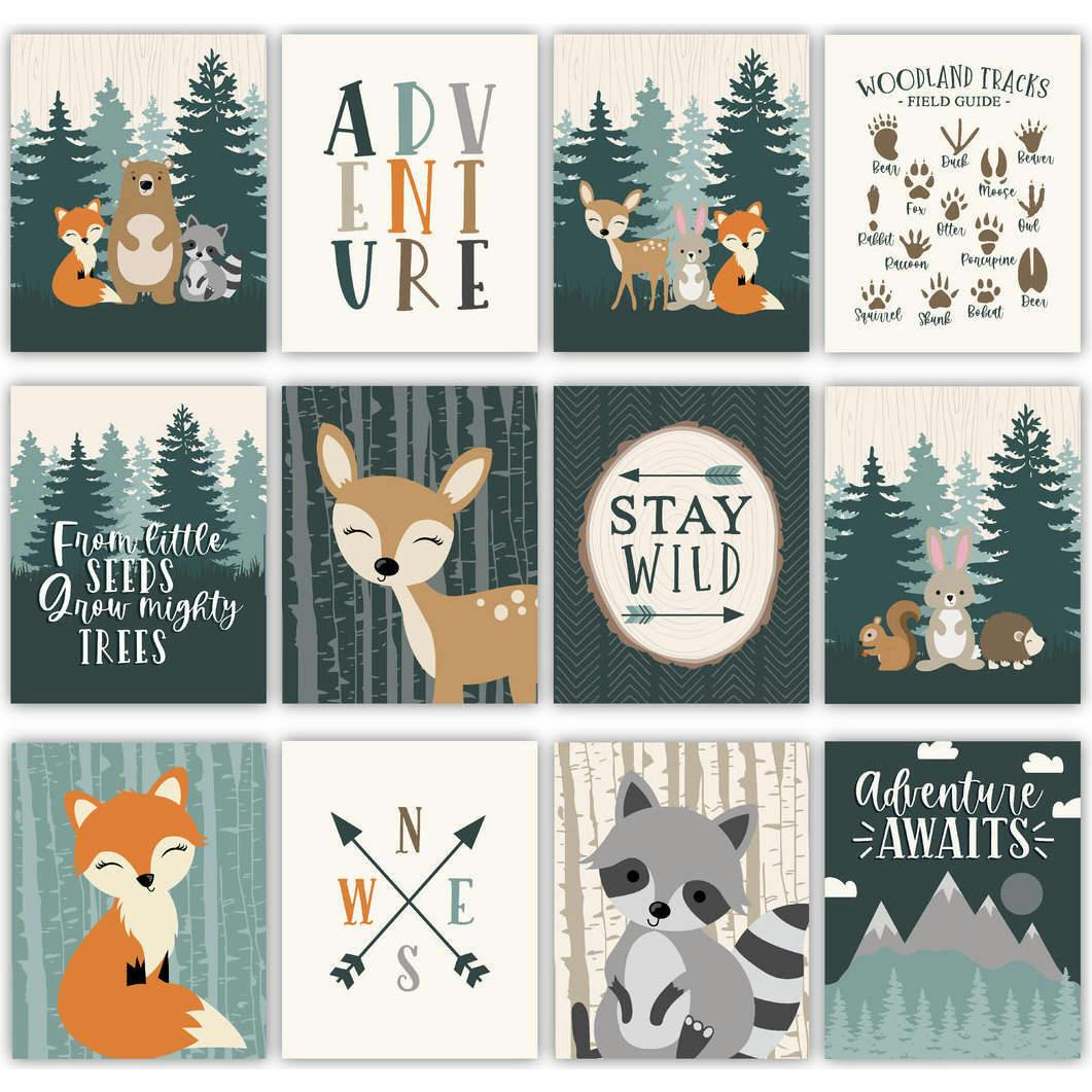 6-Piece Woodland Baby Closet Dividers & 6-Piece Nursery Wall Art Prints Baby Shower Gift
