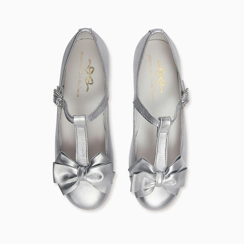 Nicky Hilton x La Coqueta Silver Tessa Leather Girl T-Bar Shoes