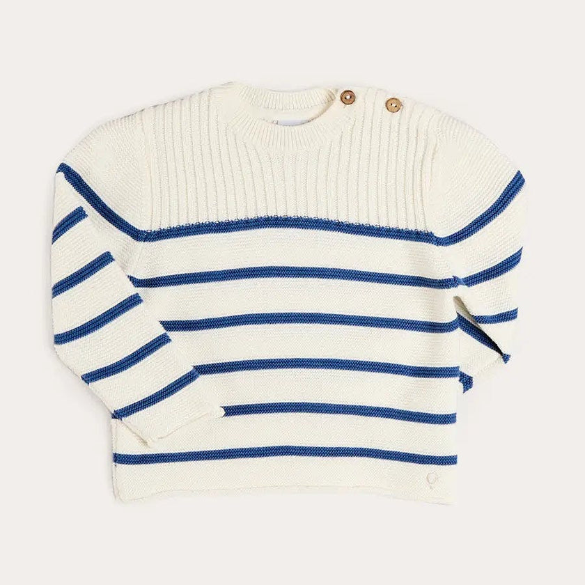 Striped Crewneck Ribbed Detail Blue & White Striped Jumper in Navy (12mths- 10yrs)