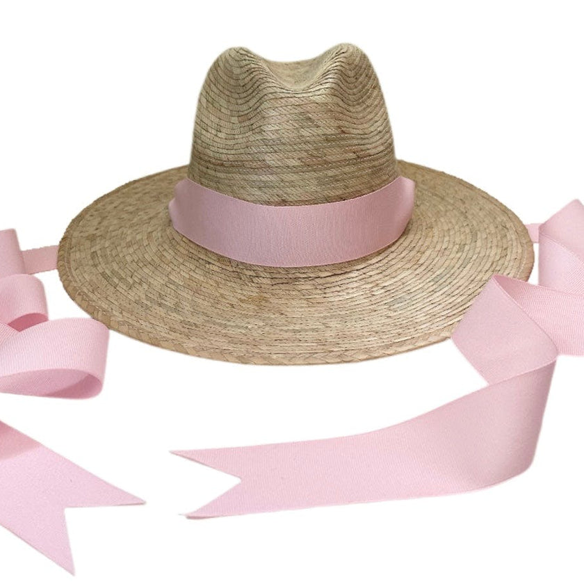 Zinnia Sun Hat for Little Girls (Age 4-10) - Long Pastel Pink Grosgrain Ribbon