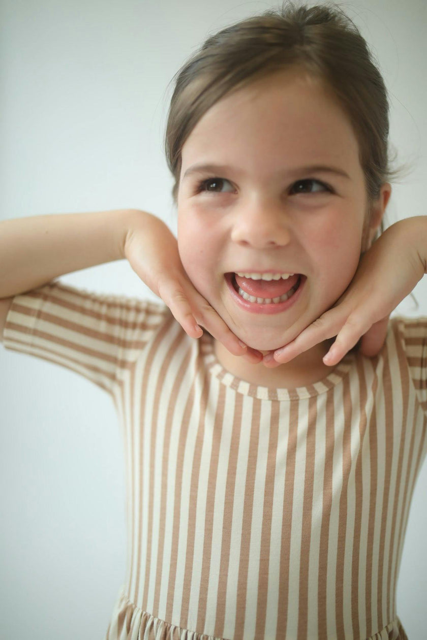 Short Sleeve Twirl Dress in Toffee Stripes