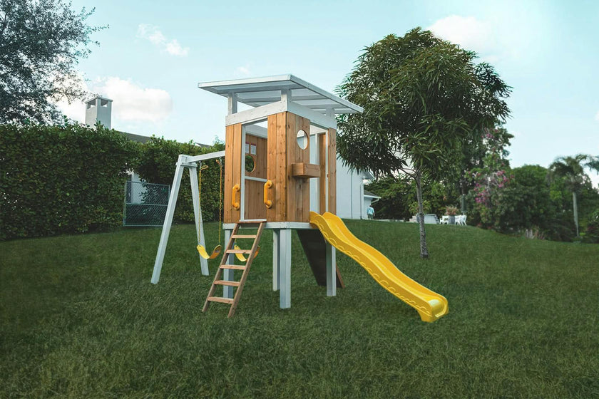 Forest | Modern Wooden Swing Set with Playhouse, Slide and Rock Wall