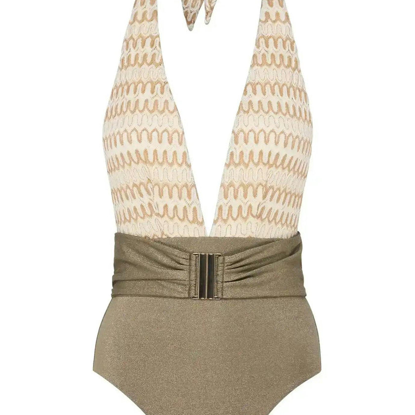 Women's one-piece swimsuit, crochet ecru/khaki | SUNSET 1P