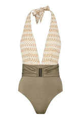 Women's one-piece swimsuit, crochet ecru/khaki | SUNSET 1P