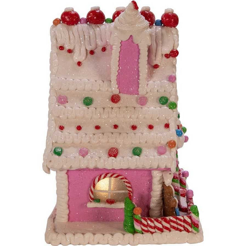 10-Inch Pink Battery-Operated Candy LED Gingerbread House Table Piece