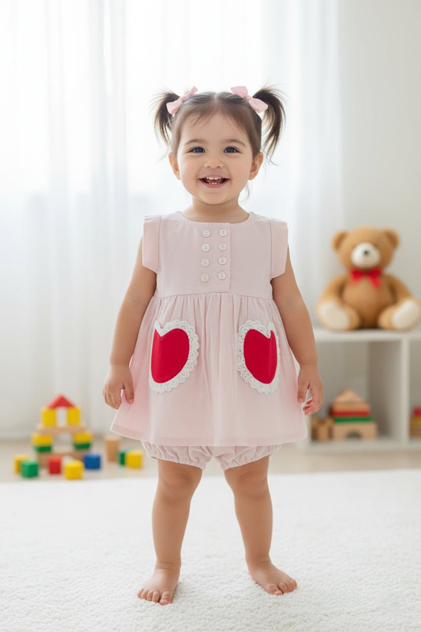 Amore Heart Dress Soft Pink — Cotton Girls Dress | Infant to Tween 0-13 Years