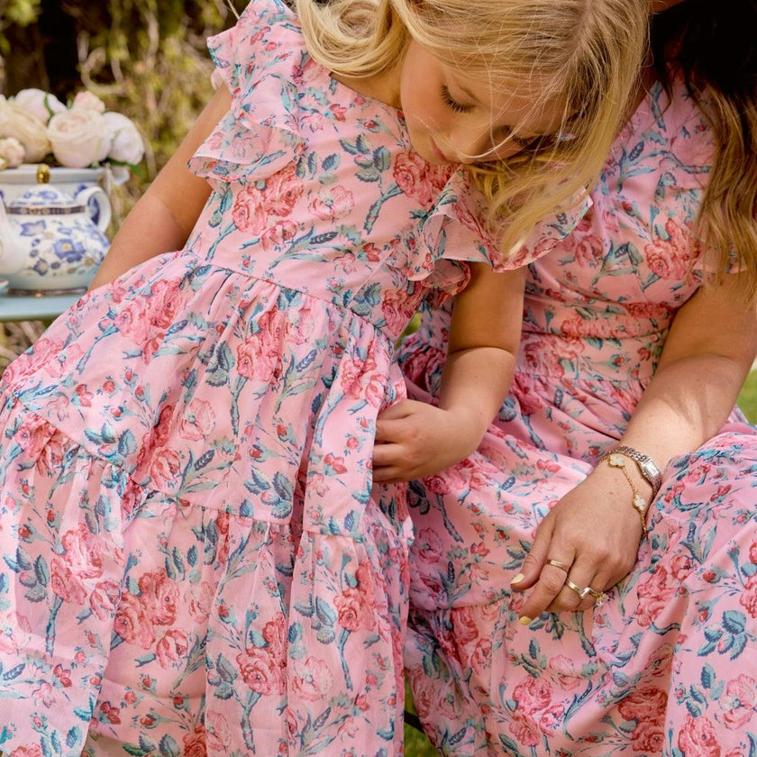 Mini Trixie Dress in Pink Sketched Flower Chiffon