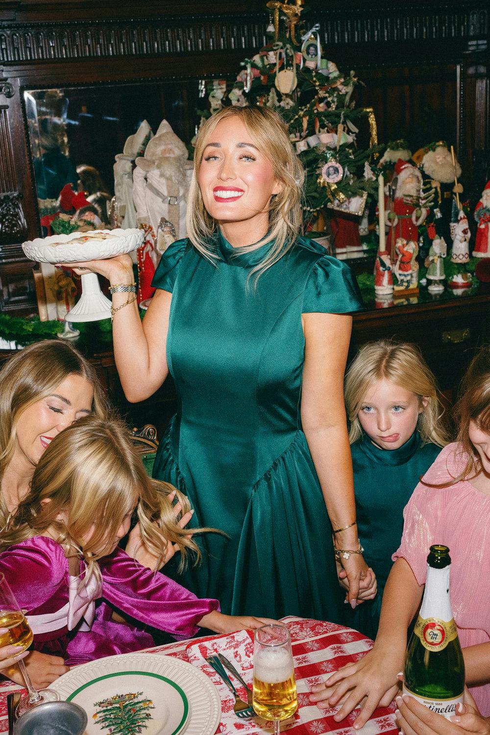Harriet Bow Dress in Emerald Satin