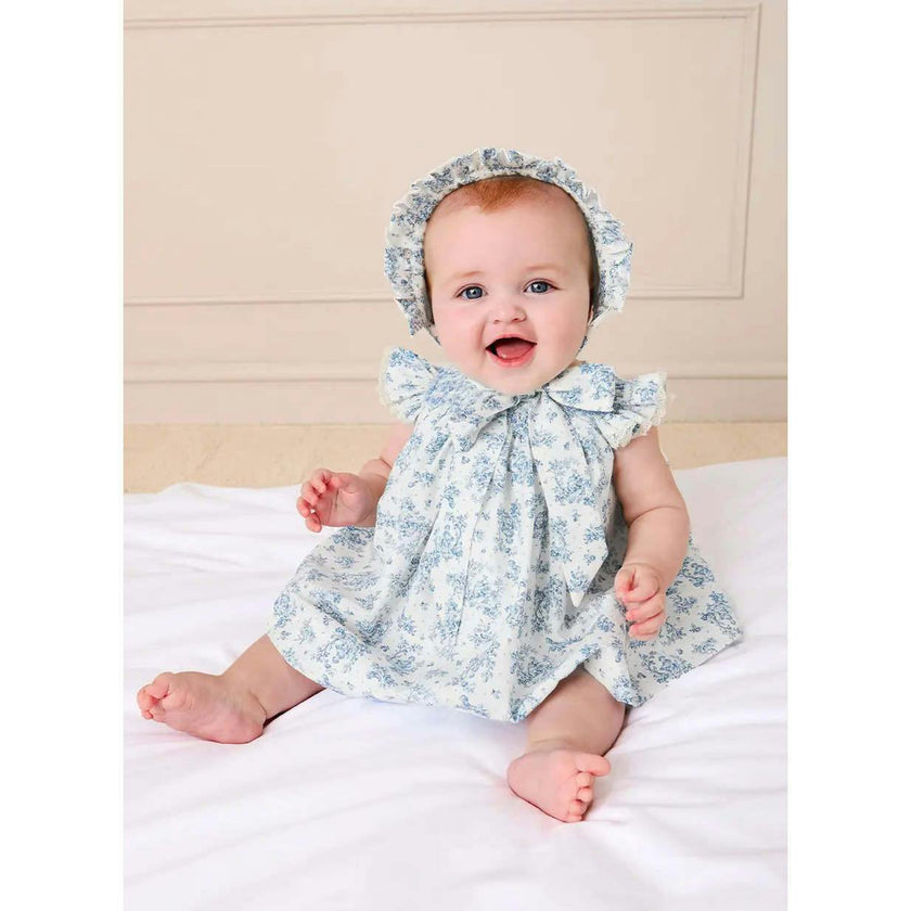 Audrey Toile Capped Sleeve Hand Smocked Dress with Bloomers in Blue (3-12mths)