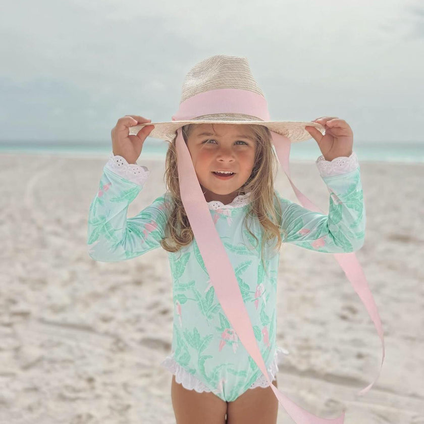 Zinnia Sun Hat for Little Girls (Age 4-10) - Long Pastel Pink Grosgrain Ribbon