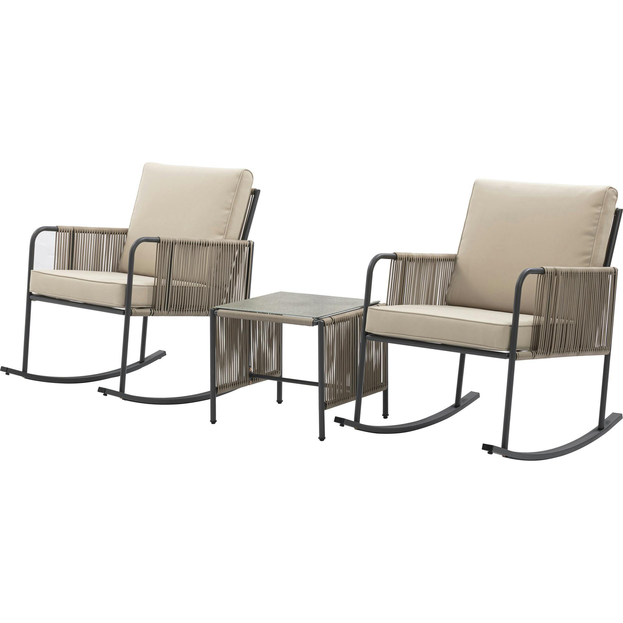 Teamson Home Steel Frame Rocking Chair Conversation Set with Rope Accent Outdoor Furniture