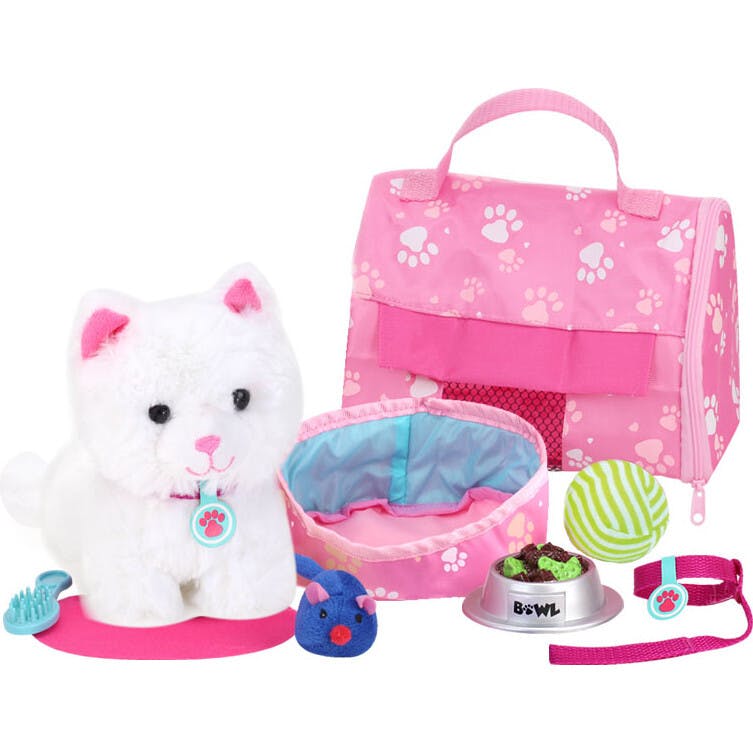 Sophia's 8 pcs White Plush Kitty Cat and Carrier Playset for 18" Dolls, Multi