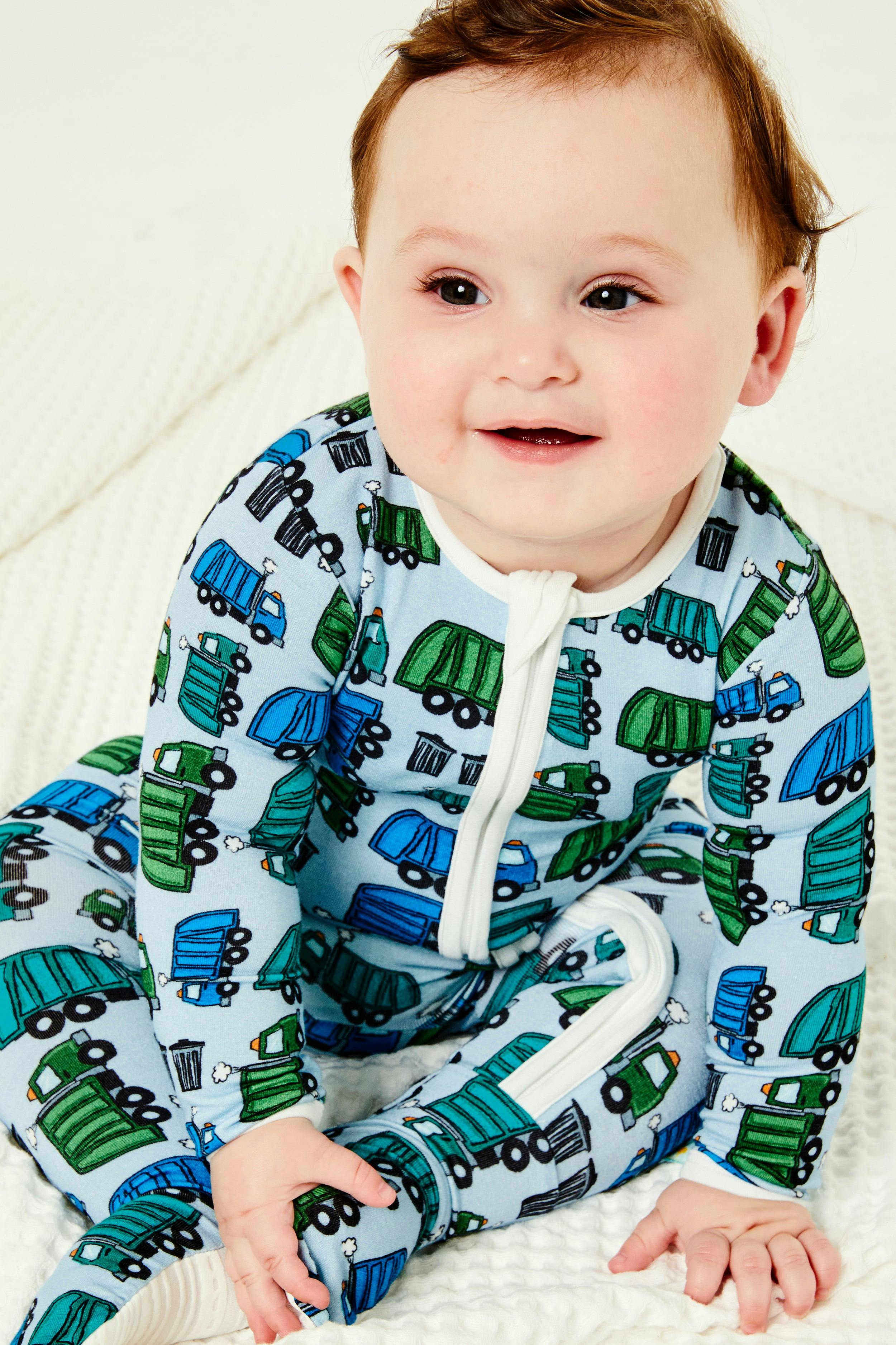 Soft & Stretchy Zipper Footie - Garbage Trucks