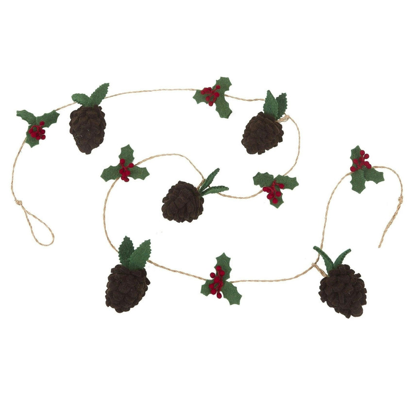 Handmade Christmas Garland and Bunting - Pinecones and Holly Berries Felt and Jute - 6' Arcadia Home